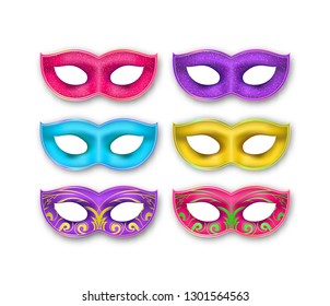 Mardi Gras masks set. Authentic Venetian painted Carnival Mask collection. Masquerade realistic colorful party decoration with a shadow isolated on white background. Vector illustration.