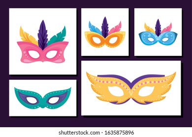 Mardi gras masks set inside frames design, Party carnival decoration celebration festival holiday fun new orleans and traditional theme Vector illustration