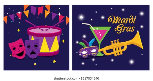 Mardi gras masks trumpet cocktail and drum design, Party carnival decoration celebration festival holiday fun new orleans and traditional theme Vector illustration
