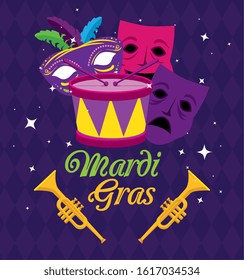 Mardi gras masks trumpets and drum design, Party carnival decoration celebration festival holiday fun new orleans and traditional theme Vector illustration