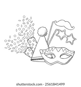 Mardi Gras masquerade and carnival symbols black and white vector illustration with masks, party cones, confetti poppers and star glasses on stick. Hand drawn line sketch for kids Purim coloring book