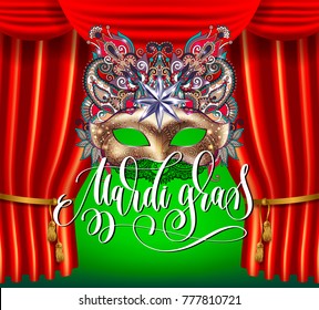 mardi gras masquerade holiday poster with golden mask and hand lettering text, poster to carnival celebration design, vector illustration