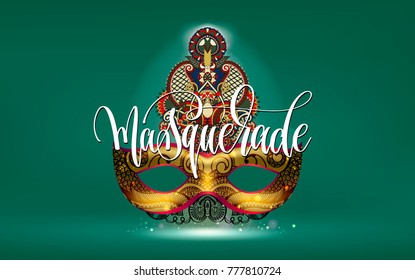 mardi gras masquerade holiday poster with golden mask and hand lettering text, poster to carnival celebration design, vector illustration
