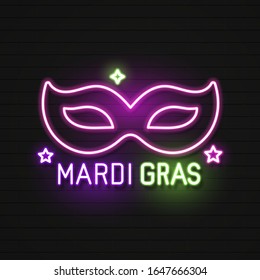 Mardi Gras Masquerade Mask. Shiny Neon Lamps Glow Stylization on Black Brick Wall. Venetian Carnival, Playbill, Night Club Invitation. Beautiful Holiday Flyer. Vector Illustration. 