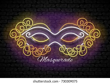 Mardi Gras Masquerade Mask. Shiny Neon Lamps Glow Stylization on Black Brick Wall. Venetian Carnival, Playbill, Night Club Invitation. Beautiful Holiday Flyer. Vector 3d Illustration. Abstract Art