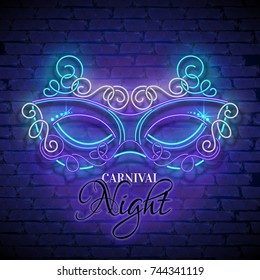 Mardi Gras Masquerade Mask. Shiny Neon Lamps Glow Stylization on Blue Brick Wall. Venetian Carnival, Playbill, Night Club Invitation. Beautiful Holiday Flyer. Vector 3d Illustration. Abstract Art