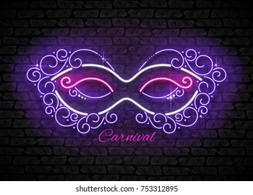 Mardi Gras Masquerade Maske. Die glänzenden Neonlampen glänzen die Stilisierung auf der schwarzen Ziegelwand. venezianischer Karneval, Playbill, Night Club Einladung. Schöner Ferienflieger. Vektorgrafik 3D. Abstrakte Kunst