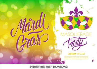 Mardi Gras masquerade party banner with calligraphic lettering text design, bokeh background and carnival mask. Fat Tuesday party vector illustration.