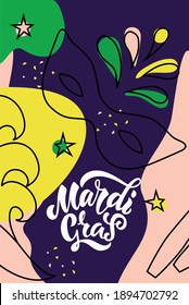 Mardi Gras (meaning Fat Tuesday) lettering card. Hand drawn text. Modern brush ink calligraphy. Abstarct colorful background with half mask and feathers. Trendy abstract design. Vector illustration.