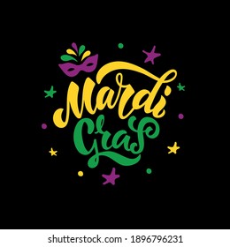 Mardi Gras (meaning Fat Tuesday) handwritten colorful text. Modern brush ink calligraphy and stars illustration on black background. Bright holiday poster, invitation, card, invitation. Vector