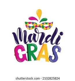 Mardi Gras meaning Fat Tuesday hand drawn text. Modern brush calligraphy with carnival mask. Hand lettering typography design for greeting card, poster, invitation, banner. Vector flat illustration