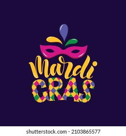 Mardi Gras meaning Fat Tuesday hand drawn text. Modern brush calligraphy with carnival mask. Hand lettering typography design for greeting card, poster, invitation, banner. Vector flat illustration