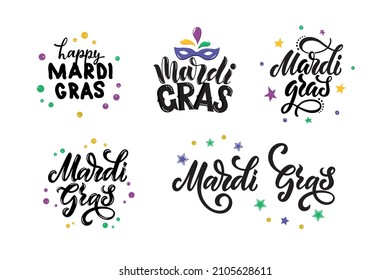 Mardi Gras meaning Fat Tuesday typography set. Modern brush ink calligraphy, hand lettering isolated on white background. Bright holiday emblem, poster, invitation, greeting card. Vector illustration