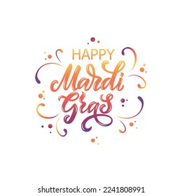 Mardi Gras (meaning Fat Tuesday) lettering card. Hand drawn text. Modern brush ink calligraphy. Abstract background with colorful splashes and feathers. Trendy abstract design. Vector illustration.