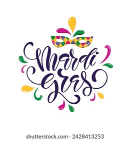 Mardi Gras meaning Fat Tuesday lettering card. Hand drawn text. Modern brush ink calligraphy. Typography design for greeting card, poster, banner. Vector colorful illustration