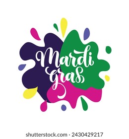 Mardi Gras meaning Fat Tuesday lettering card. Hand drawn text. Modern brush ink calligraphy. Typography design for greeting card, poster, banner. Vector colorful illustration