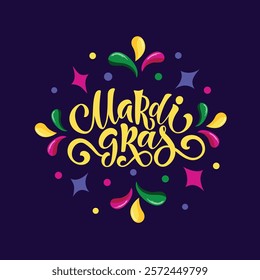 Mardi Gras meaning Fat Tuesday handwritten text. Modern brush ink calligraphy and colorful stars on blue background. Bright holiday poster, invitation, postcard, greeting card. Vector illustration