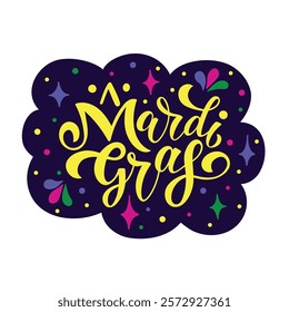 Mardi Gras meaning Fat Tuesday handwritten text. Modern brush ink calligraphy and colorful stars on blue background. Bright holiday poster, invitation, postcard, greeting card. Vector illustration