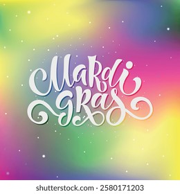 Mardi Gras meaning Fat Tuesday handwritten text. Modern brush ink calligraphy on colorful gradient background. Bright holiday poster, invitation, postcard, greeting card. Vector illustration