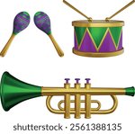 mardi gras musical instruments. isolated 3d maracas, drum and trumpet with mardi gras colors