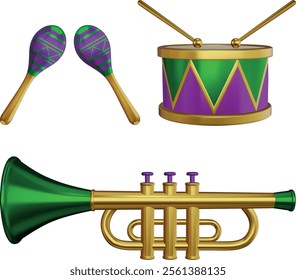 mardi gras musical instruments. isolated 3d maracas, drum and trumpet with mardi gras colors