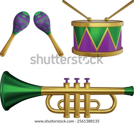 mardi gras musical instruments. isolated 3d maracas, drum and trumpet with mardi gras colors