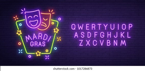 Mardi Gras neon sign, bright signboard, light banner. Mardi Gras logo, emblem and label. Neon text edit 