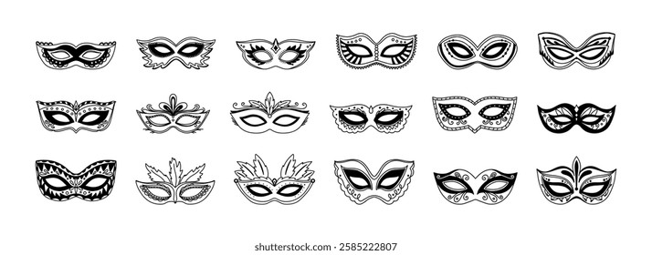 Mardi Gras outline eye mask set, isolated sign, symbol or icon. Black masquerade masks, for party, festival, parade and carnival, for Mardi Gras and Halloween. Set of lined carnival masks silhouettes.