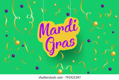 Mardi Gras Paper art. Mardi Gras abstract hang on with golden confetties in green background. Vector Illustration. EPS 10