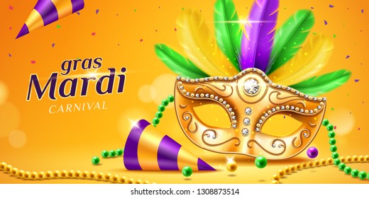 Mardi gras parade banner with masquerade or carnival mask and beads, feather and confetti, cone hat. Festival face cover and chaplet for card design. Party or holiday flyer. New Orlean festive