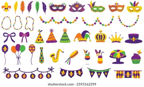 Mardi Gras parade elements. Fleur de lis banners, buntings, balloons, beads, feathers, masquerade masks, party hats, cocktail drinks, king cake, jester hats and more. Hand drawn vector illustrations.