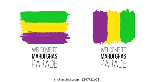 Mardi Gras Parade. Green, yellow and purple brush strokes. Graphic template for Fat Tuesday holiday invitations. Vector illustration.