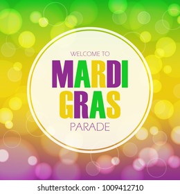 Mardi Gras parade invitation card with bokeh background. Fat Tuesday vector illustration.