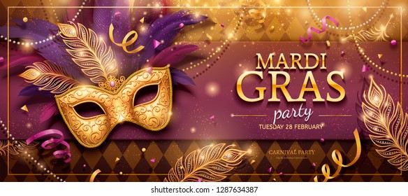 Mardi Gras party banner design with golden masks and purple feathers in 3d illustration