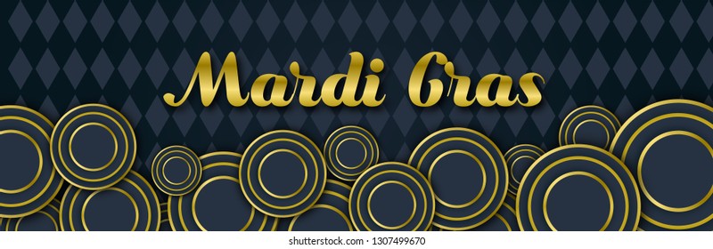 Mardi Gras Party banner with Gold Lettering, 3d Carnival decorative floral elements, circles and dark black geometric Mardigras pattern. Circus amusement poster. Funfair flyer. Vector illustration