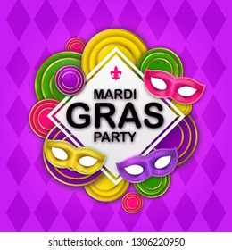 Mardi Gras Party banner with a Lettering, 3d realistic carnival masks, decorative floral elements and geometric Mardigras pattern. Fun Circus amusement poster. Paper Funfair flyer. Vector illustration