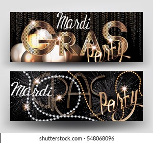 Mardi Gras party banners with beads, fireworks, serpentine. Vector illustration