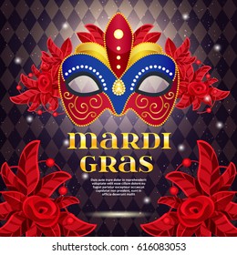 Mardi gras party bright typographical greeting card with colorful carnival mask and place for text flat vector illustration