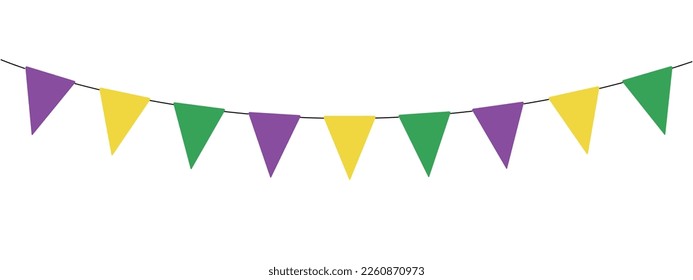 Bandas de fiesta Mardi Gras, dorado, guirnaldas de bandera púrpura y verde, banderas triangulares, decoración de vacaciones, elemento decorativo vectorial