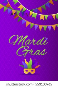 Mardi Gras Party Bunting Poster. Carnival Funny Background with Mask.