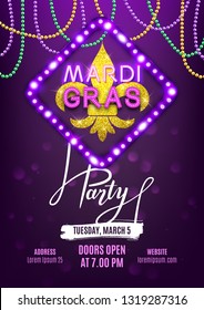 Mardi Gras party carnival banner, decorative beads and shiny gold symbol, vector illustration