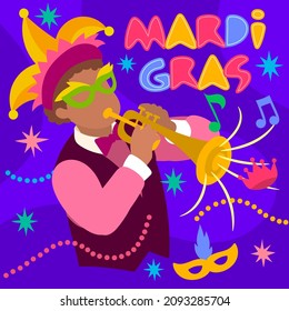 Mardi gras party carnival card, Man with musical instrument