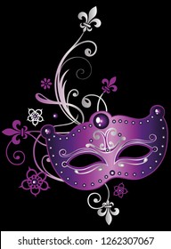 Mardi Gras Party. Costumes, mask with Fleur De Lis and flowers. Filigree ornament.