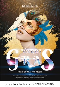 Mardi gras party design, beautiful model wearing golden mask in 3d illustration on glittering firework background