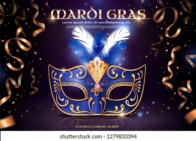 Mardi gras party design with blue half mask and golden confetti in 3d illustration