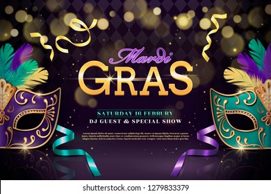 Mardi gras party design with half mask and feathers in 3d illustration on shimmering background