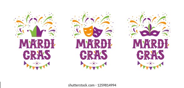 Mardi gras party design set. Vector background with fireworks and garland. Fat tuesday, carnival.  Vector illustration. For poster, card, web, invitation. 