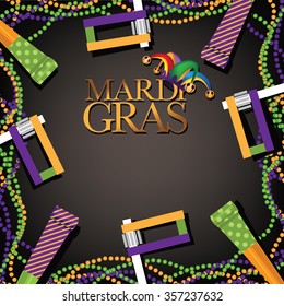 Mardi Gras party favor, noisemaker and beads background. EPS 10 vector illustration.