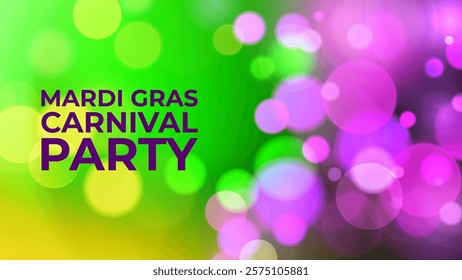 Mardi Gras Party. Festive background with vibrant color gradients and blurred bokeh lights. Graphic template for Fat Tuesday celebration. Vector illustration.