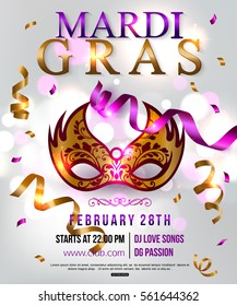 Mardi Gras party flyer design with festival mask. Vector illustration.